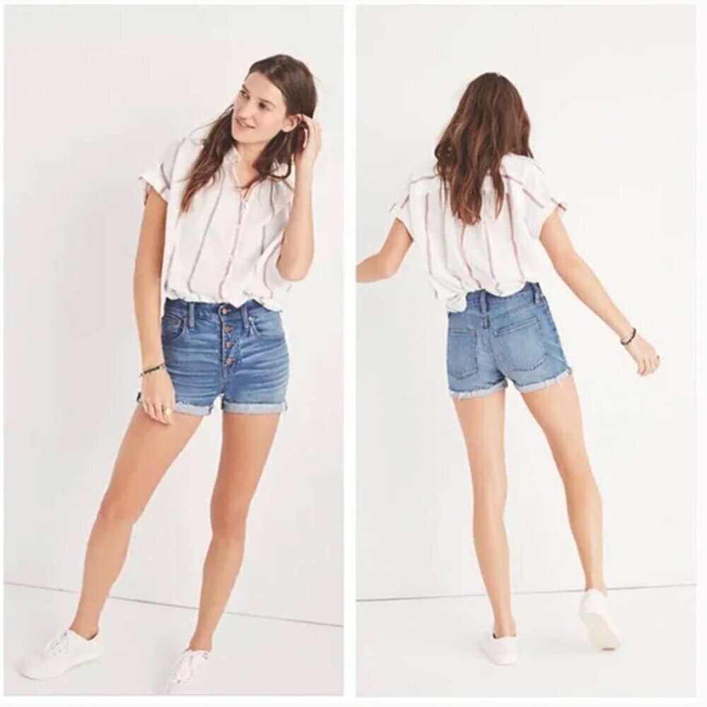 Madewell High Rise Denim Boyshorts Button Through Front Jean Shorts Blue